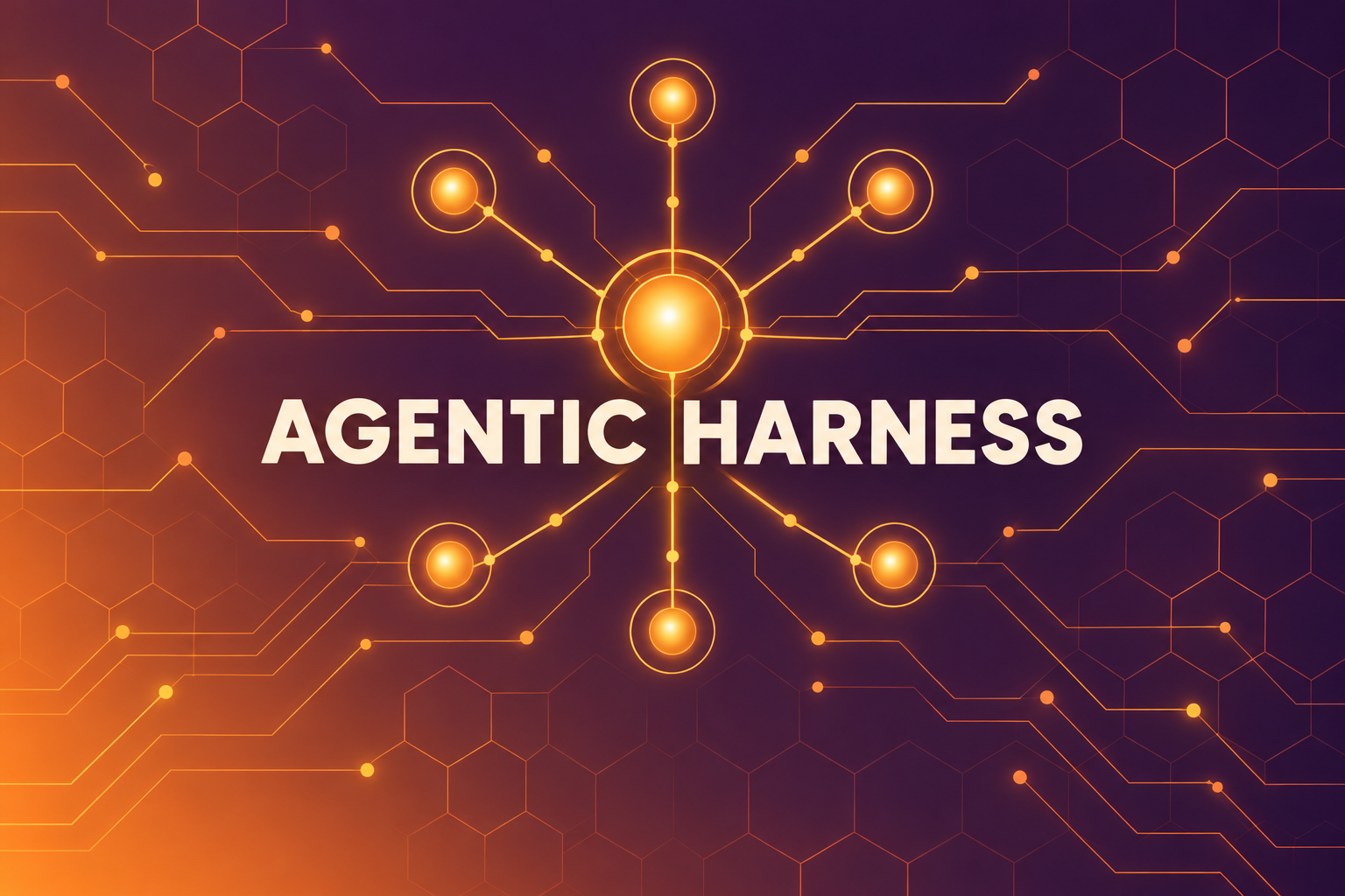 A glowing central hub node connected by thin circuit lines to several smaller orbiting nodes, representing an orchestrator directing multiple AI agents.
