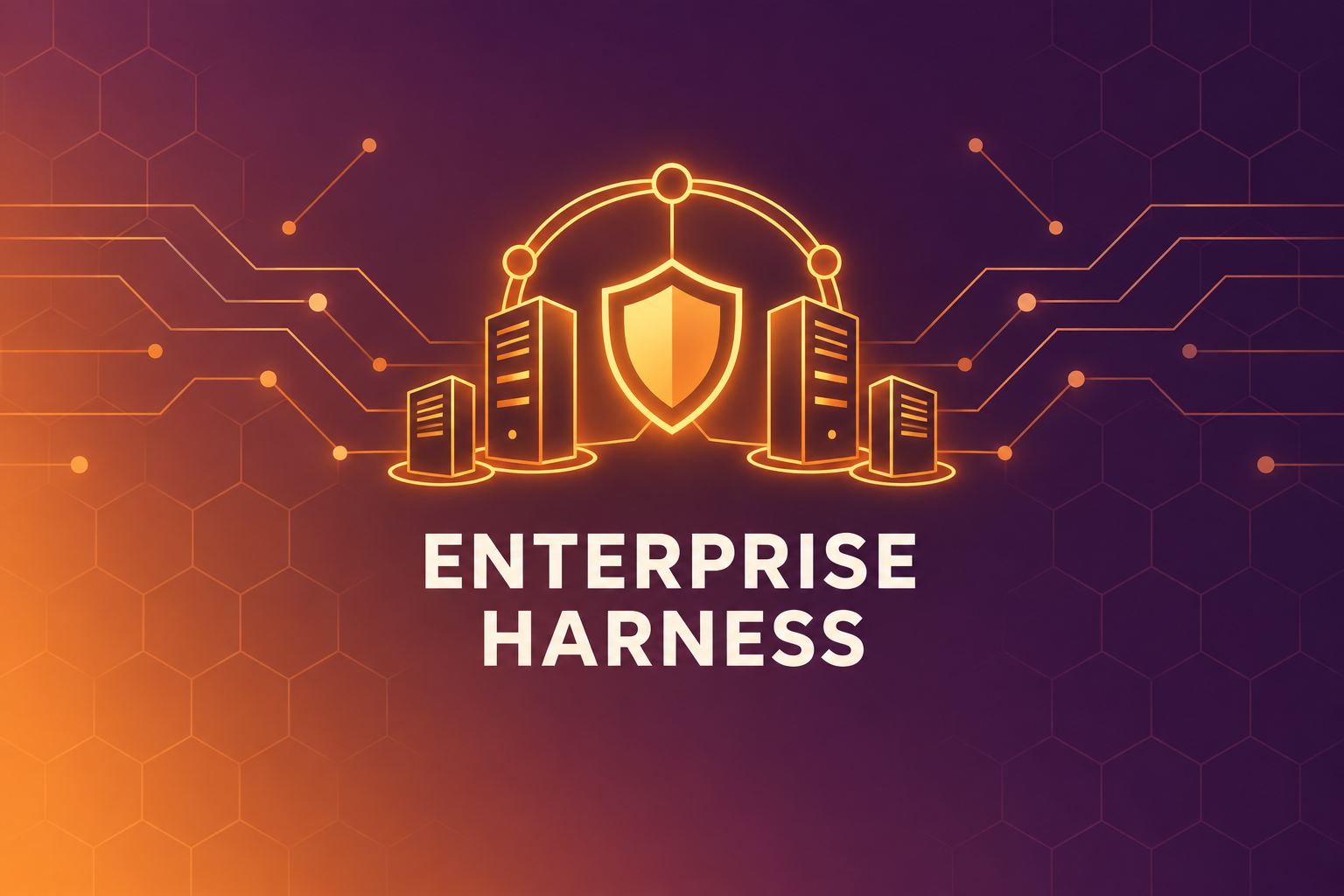 Illustration of an amber circuit-line gateway arch connecting enterprise server towers, guarded by a glowing shield emblem, symbolizing governed enterprise agent integration