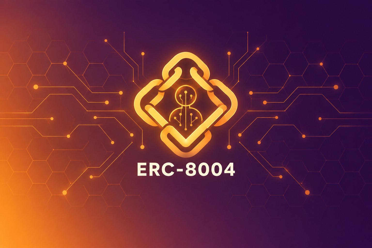 A verified checkmark formed from interlocking chain links, with a small circuit-pattern agent icon at its center, in amber line art on a deep purple to orange hexagon grid.