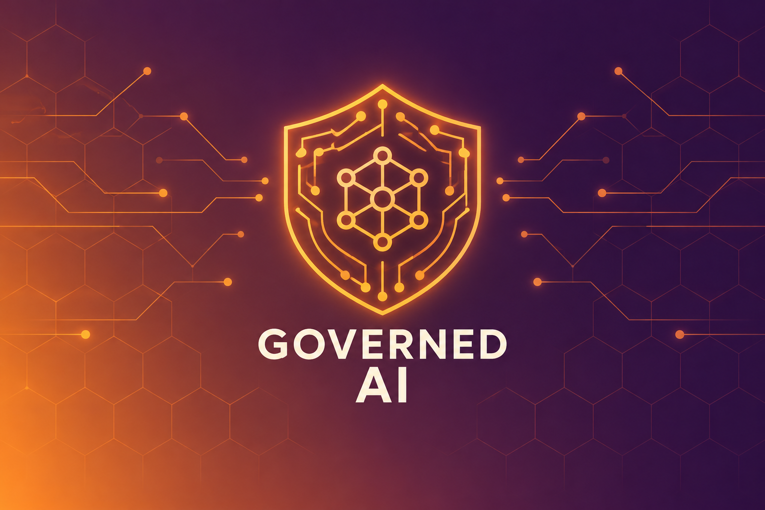 Abstract illustration of a circuit-line shield around a network icon, representing governed AI