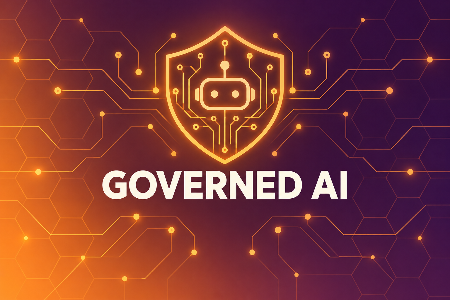 A circuit-line shield of amber light encasing a small robot head, symbolizing oversight and accountability for autonomous AI agents.
